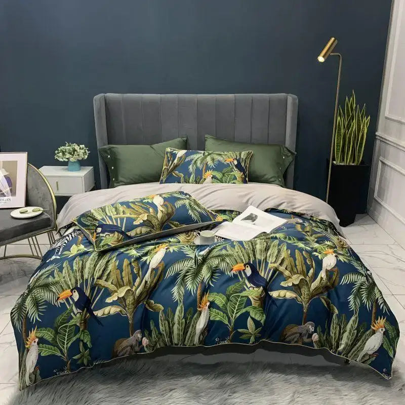 Luxury flamingo leaf gray satin duvet cover bedroom set 3 pieces