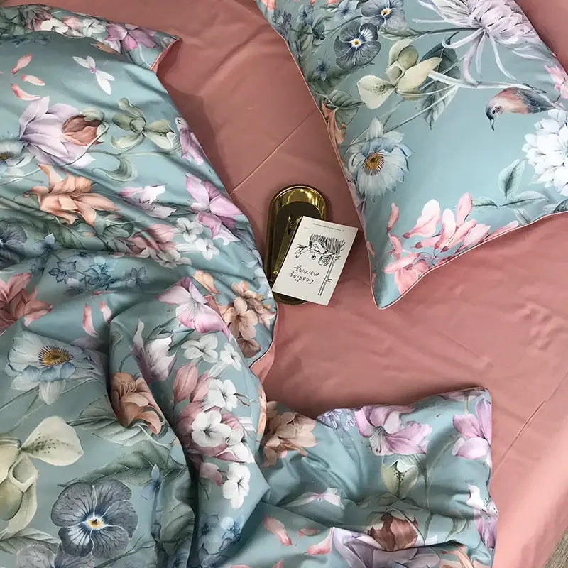 Luxury flamingo leaf gray satin duvet cover bedroom set 3 pieces