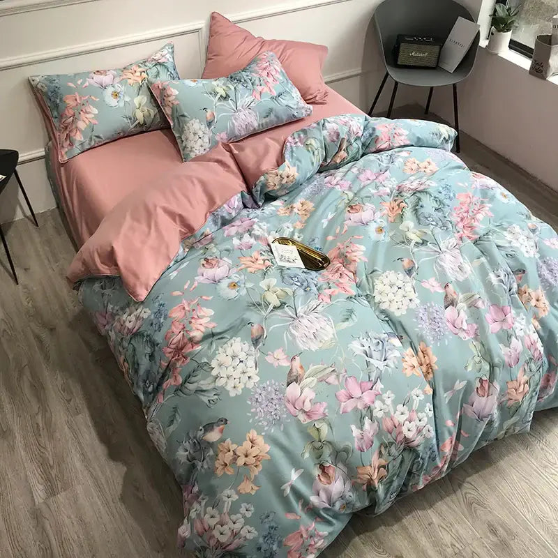 Luxury flamingo leaf gray satin duvet cover bedroom set 3 pieces