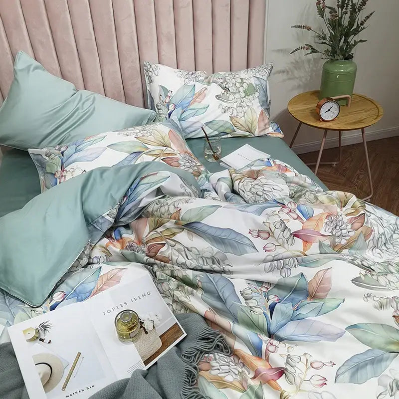 Luxury flamingo leaf gray satin duvet cover bedroom set 3 pieces