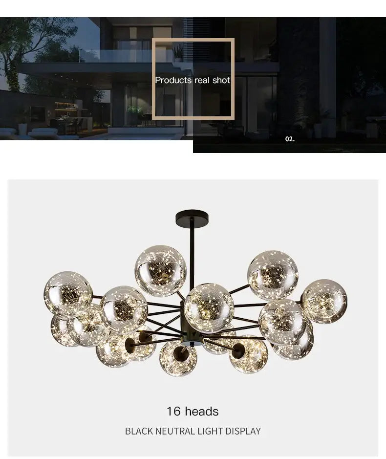 Modern black glass ball chandelier – living room remote control light
