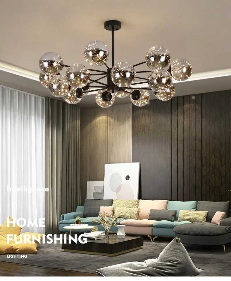 Modern black glass ball chandelier – living room remote control light