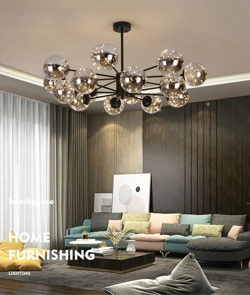 Modern black glass ball chandelier – living room remote control light