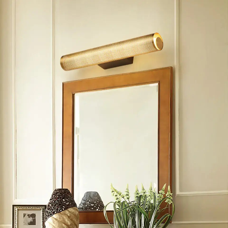 Luxury perforated gold wall sconce bedroom cylindrical light