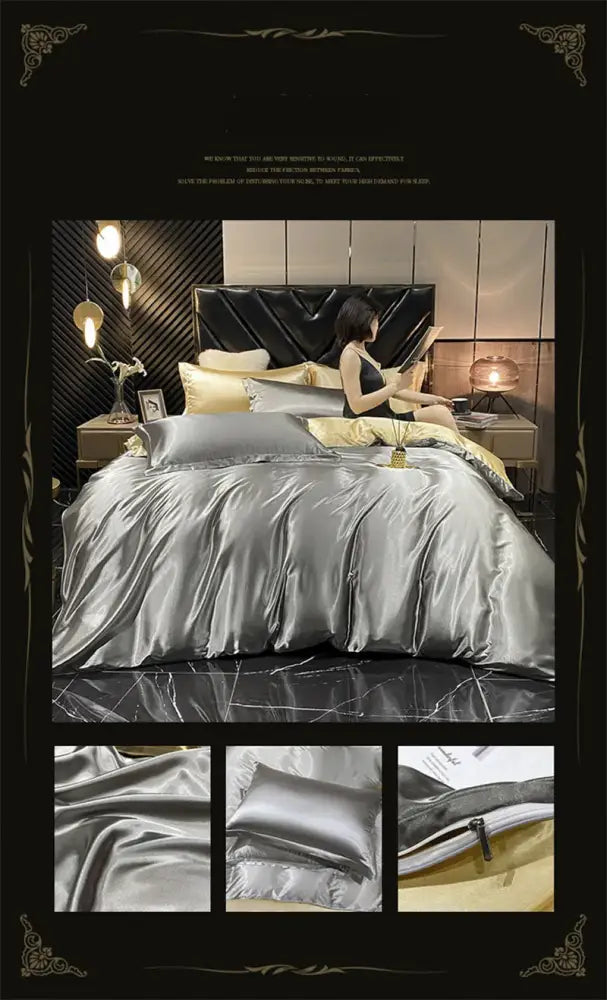 Pink ruffled glossy silk bedding set bedroom duvet cover