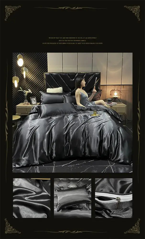 Luxury sage green satin bedding set with duvet cover for bedroom