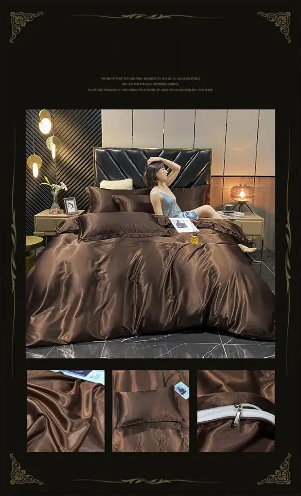 Luxury sage green satin bedding set with duvet cover for bedroom