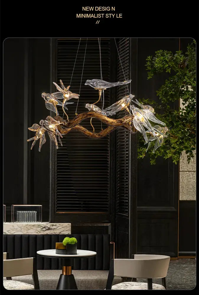 Vintage gold glass bird chandelier dining room dragonfly branch light