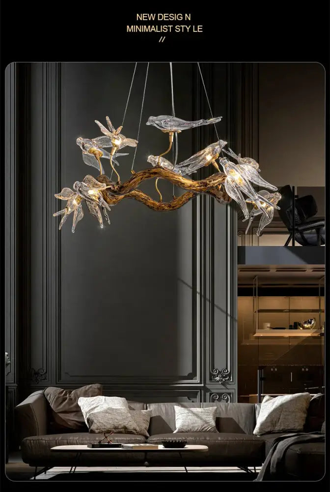 Vintage gold glass bird chandelier dining room dragonfly branch light