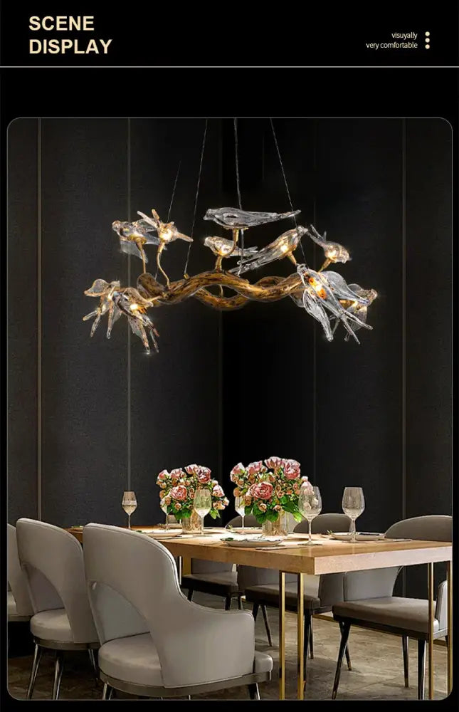Vintage gold glass bird chandelier dining room dragonfly branch light