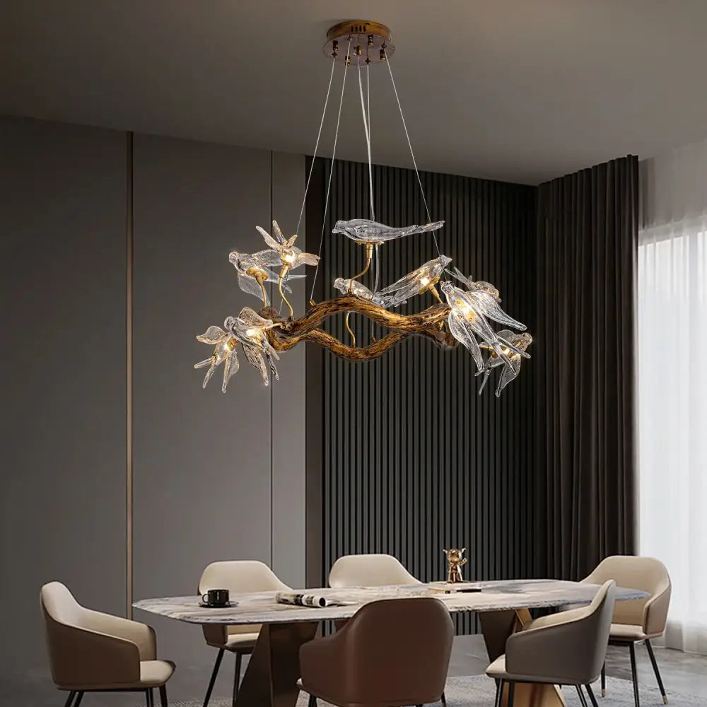 Vintage gold glass bird chandelier dining room dragonfly branch light