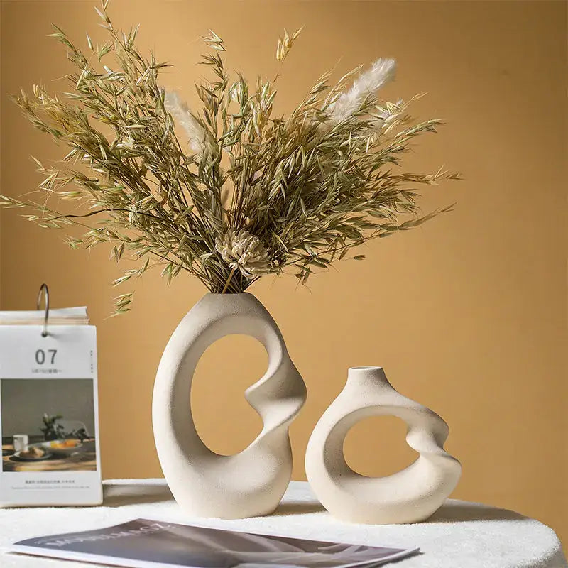 Modern cream matte ceramic vase set living room organic decor