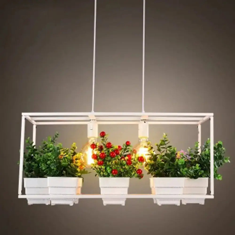 Modern black metal rectangle light fixture with artificial bonsai dining room pendant