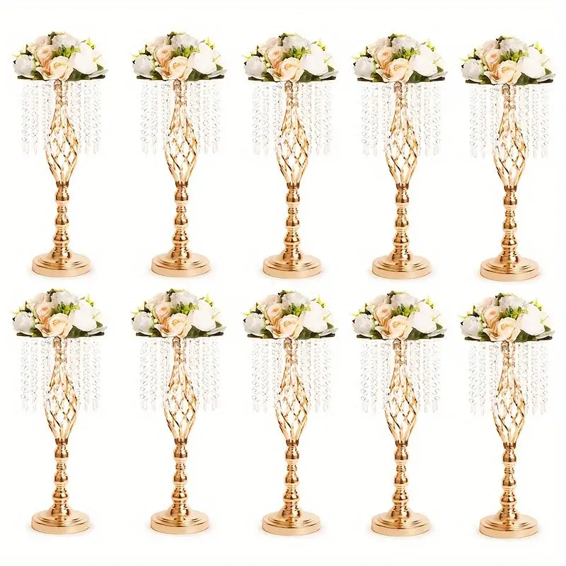 Gold lattice metal flower vases with crystals dining room centerpiece