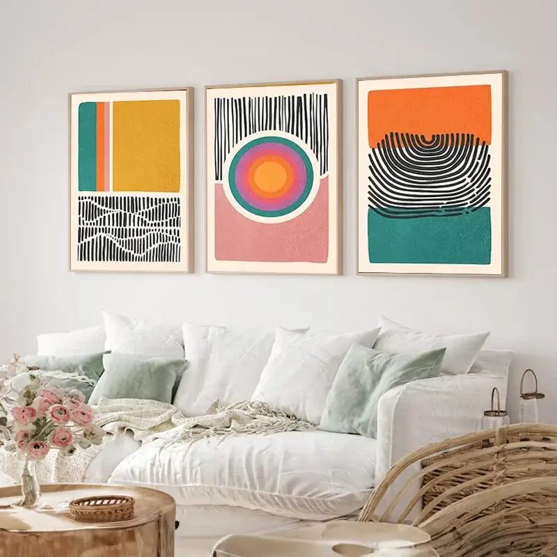 Mid century abstract color block wall art set living room decor