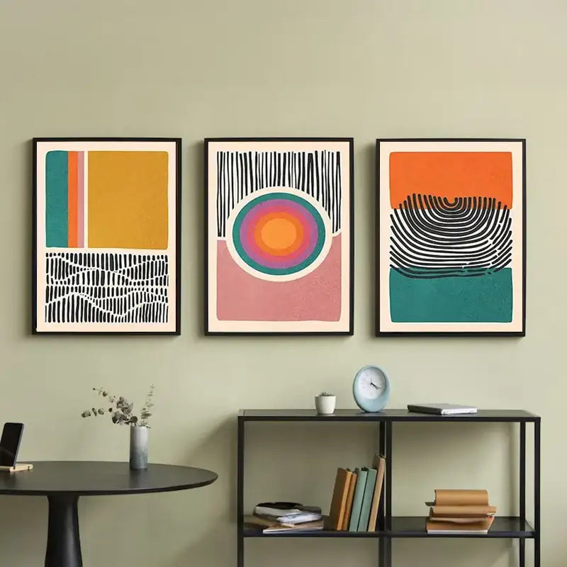 Mid century abstract color block wall art set living room decor