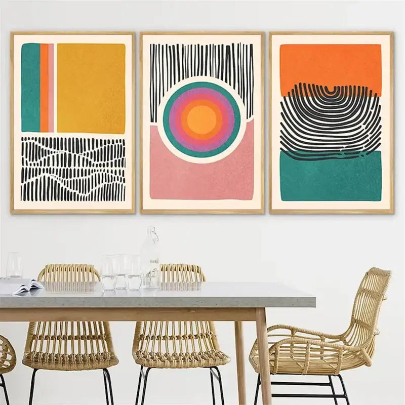 Mid century abstract color block wall art set living room decor