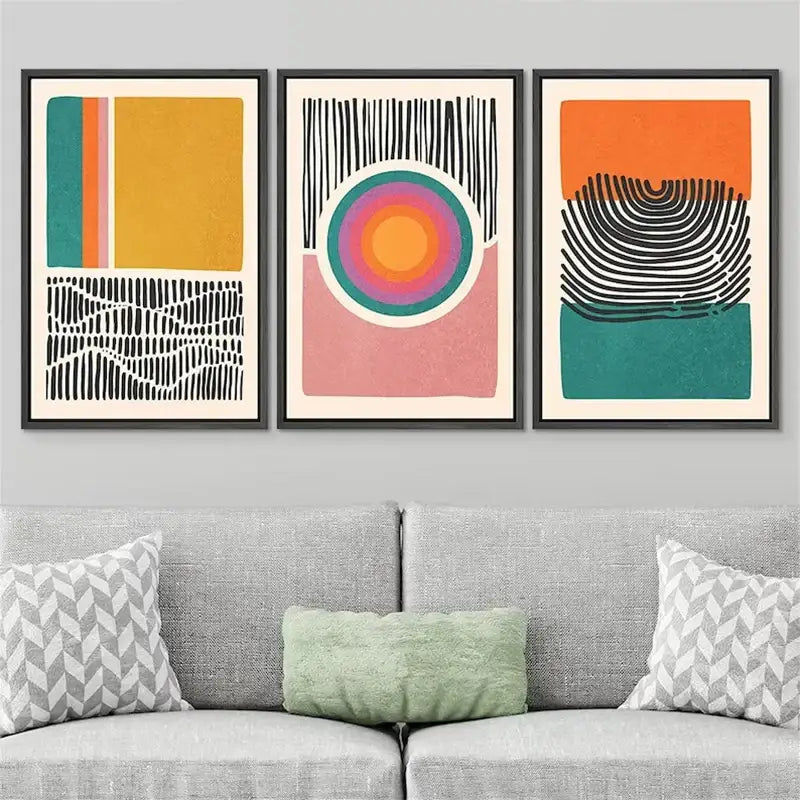 Mid century abstract color block wall art set living room decor