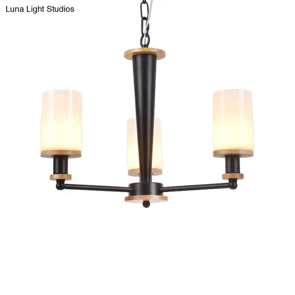 Mid-century black & wood opal frosted glass chandelier dining room