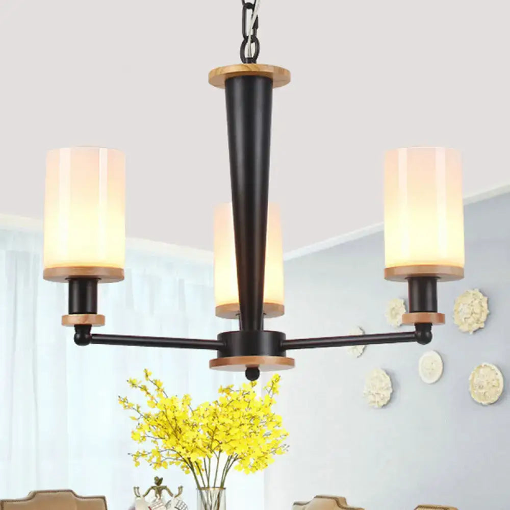 Mid-century black & wood opal frosted glass chandelier dining room