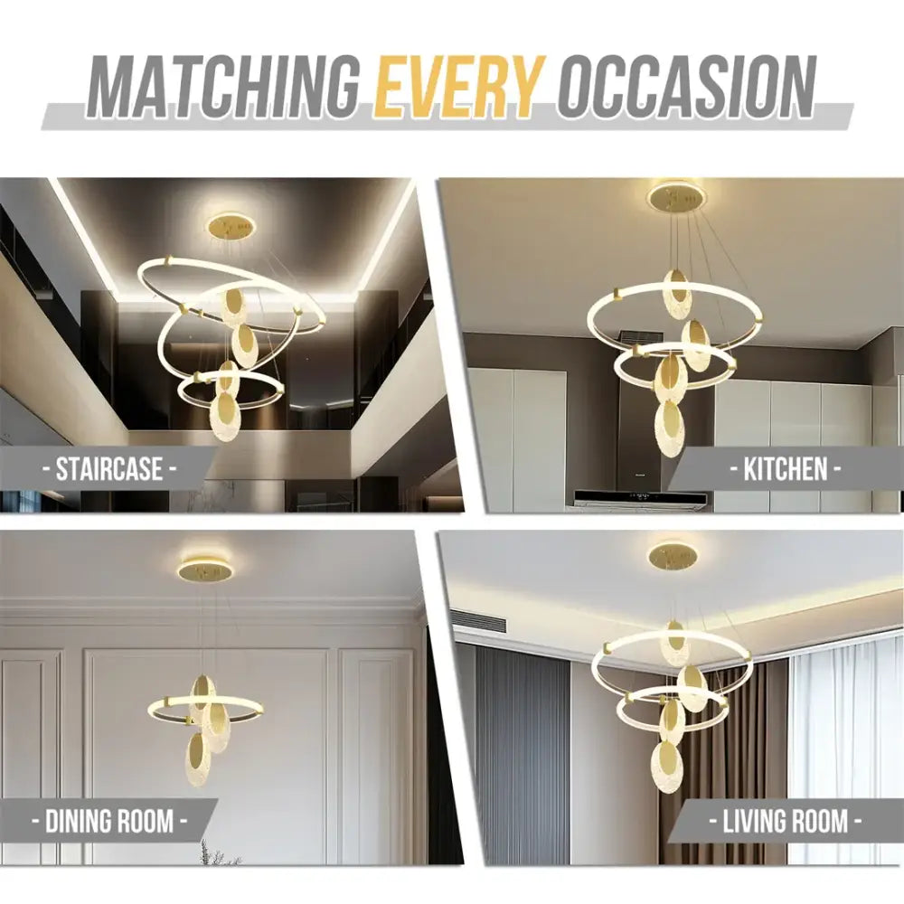 Modern gold circular led rings chandelier dining room acrylic accents