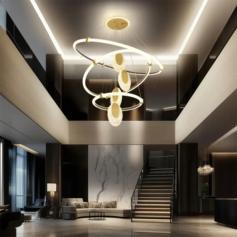 Modern gold circular led rings chandelier dining room acrylic accents