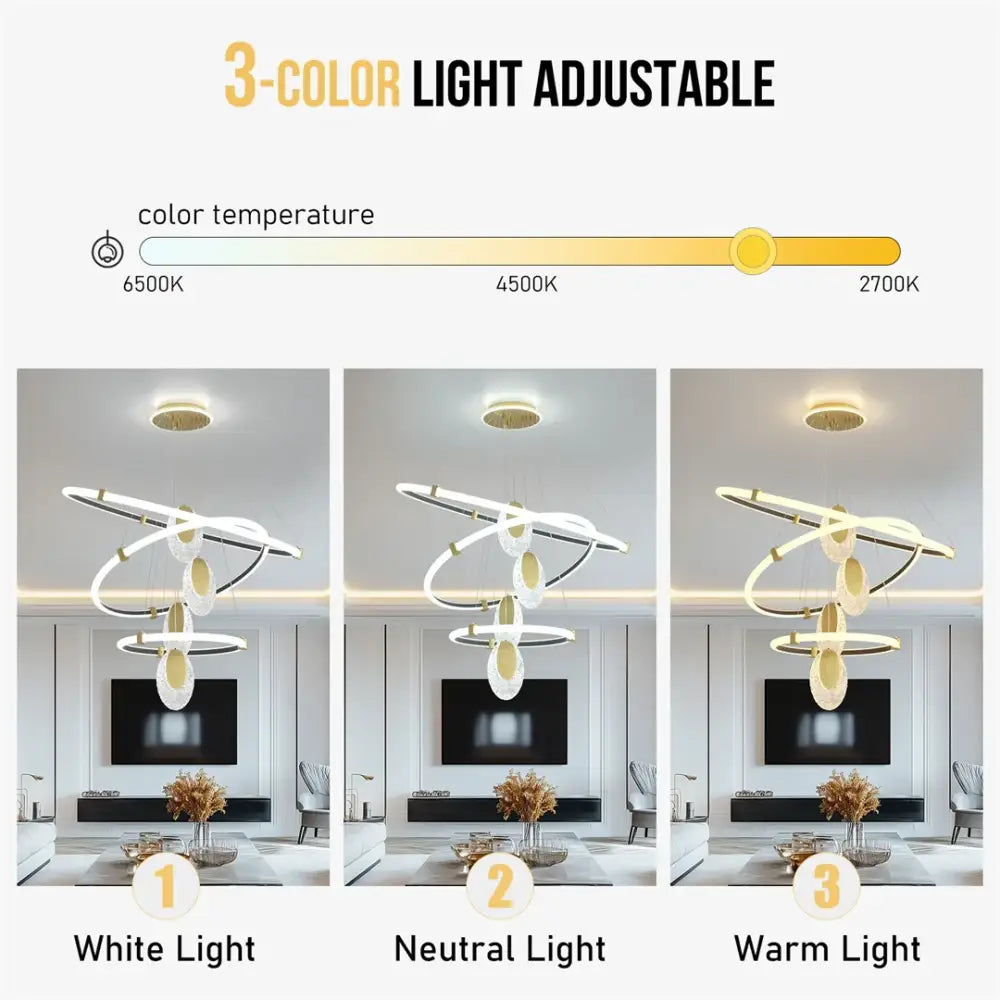 Modern gold circular led rings chandelier dining room acrylic accents