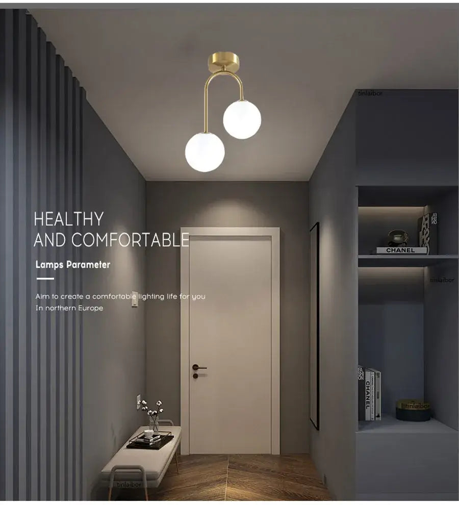 Modern brass ball ceiling light for living room with frosted glass