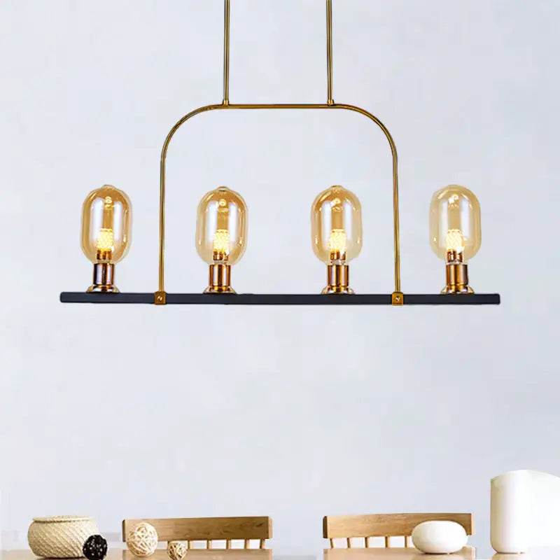 Modern amber glass kitchen island light with black metallic frame
