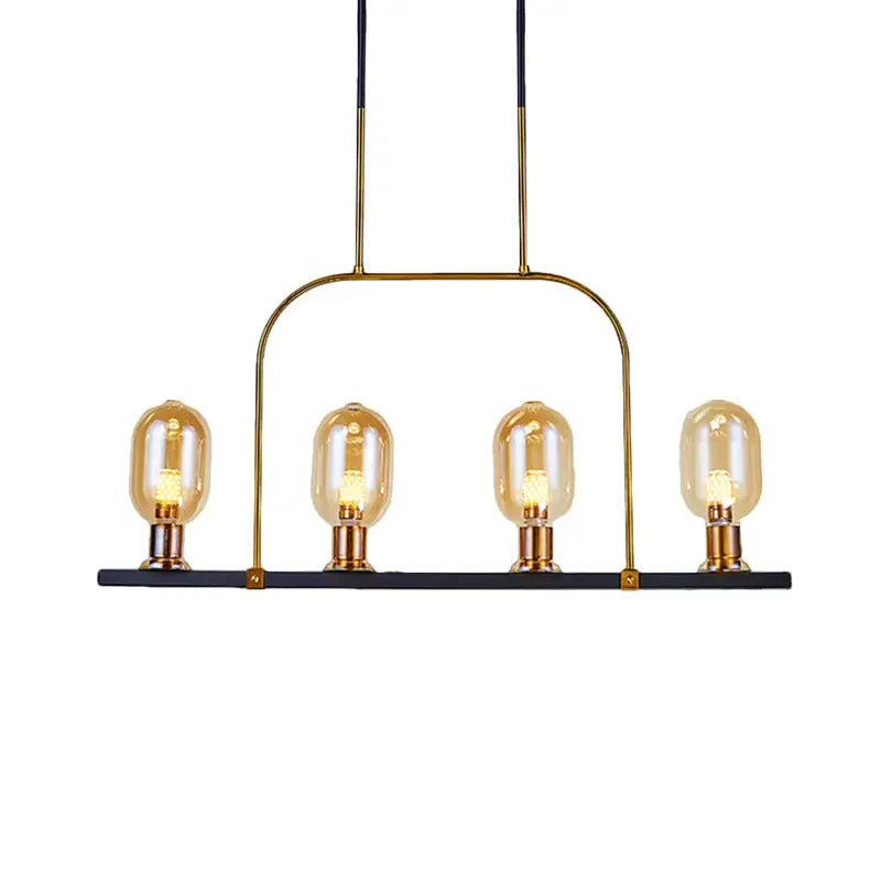 Modern amber glass kitchen island light with black metallic frame