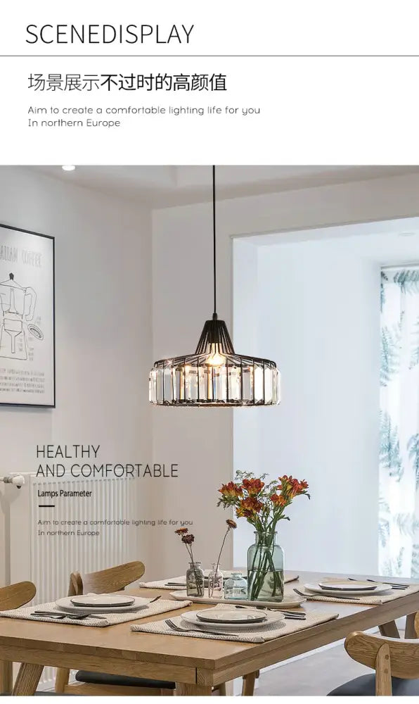 Modern black & gold crystal glass pendant lamp dining room led