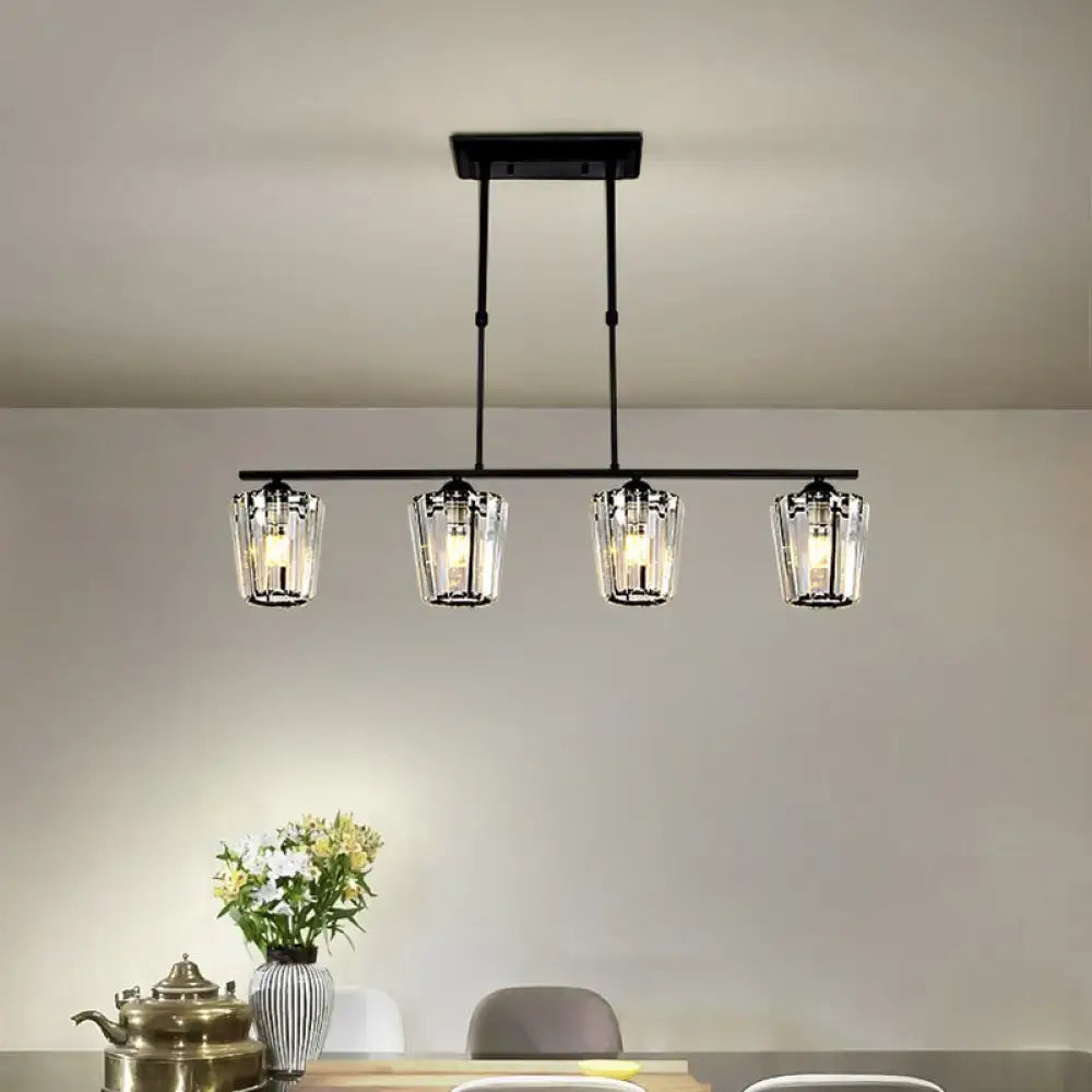 Modern black metal chandelier with cylindrical crystal shade kitchen