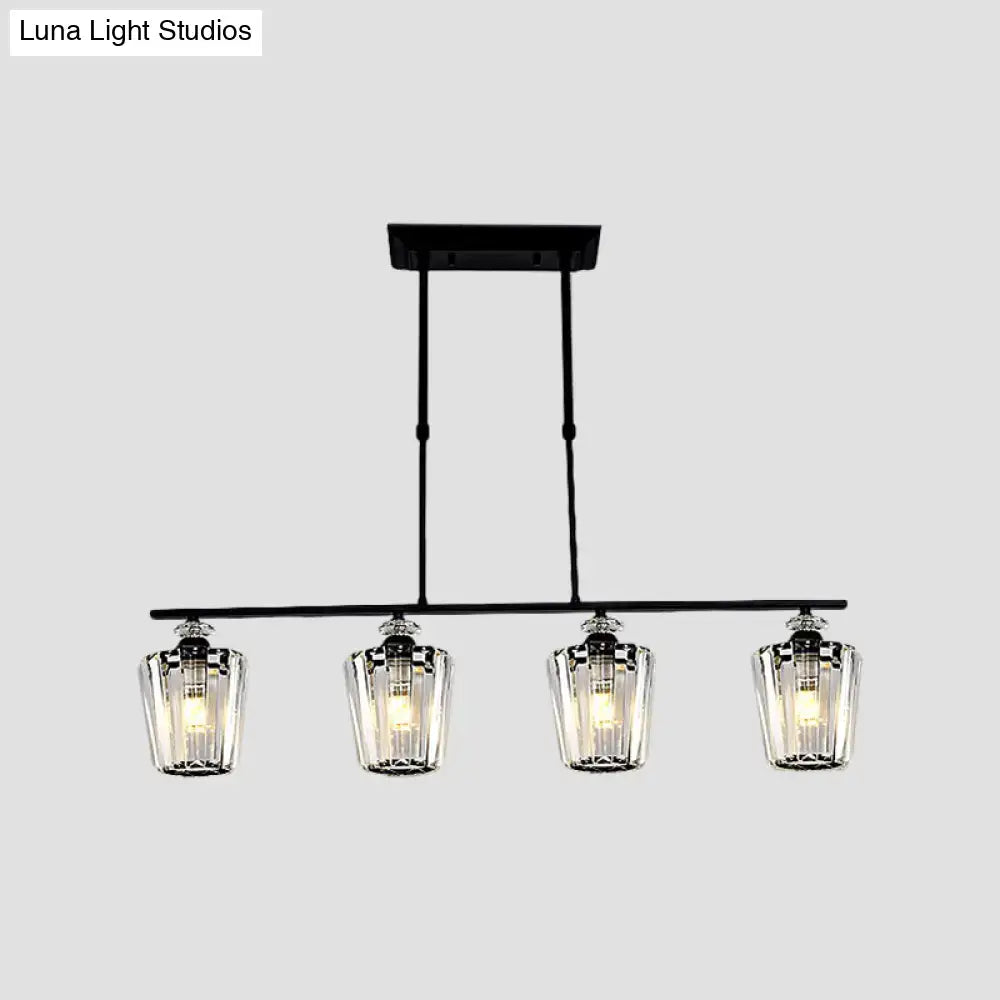 Modern black metal chandelier with cylindrical crystal shade kitchen