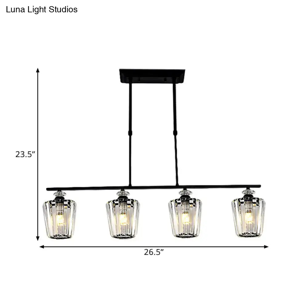 Modern black metal chandelier with cylindrical crystal shade kitchen