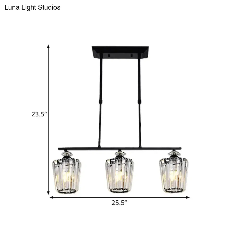 Modern black metal chandelier with cylindrical crystal shade kitchen