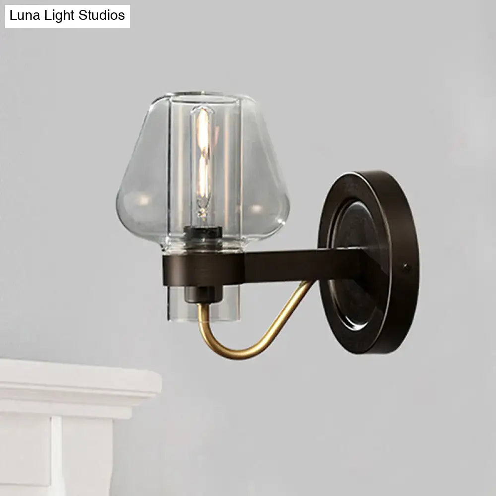 Modern black & brass wall sconce with glass mushroom shade bedroom