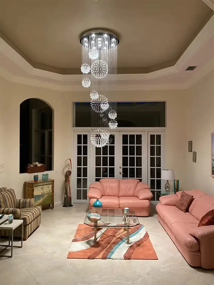 Modern crystal raindrop chandelier for high ceiling living room
