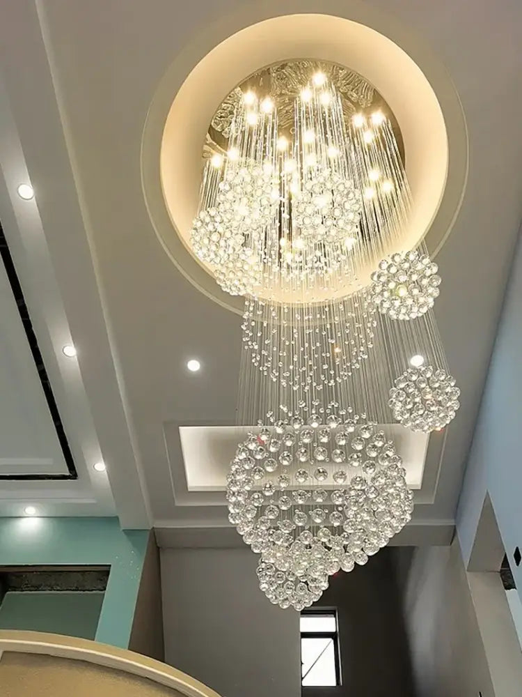 Modern crystal raindrop chandelier for high ceiling living room