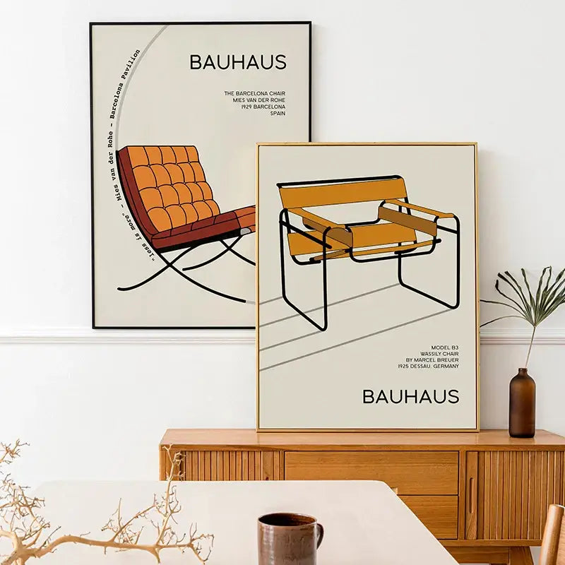 Modern geometric bauhaus orange and red framed art living room decor