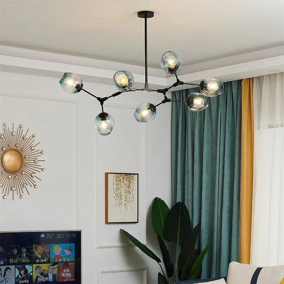 Modern black & gold amber glass ball chandelier dining room pendant