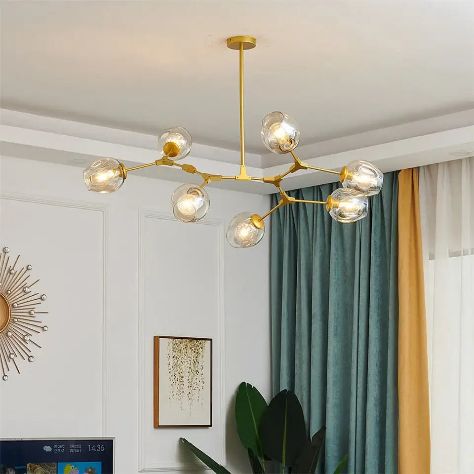 Modern black & gold amber glass ball chandelier dining room pendant
