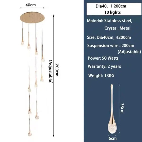 Modern gold led crystal chandelier dining room cascading pendant