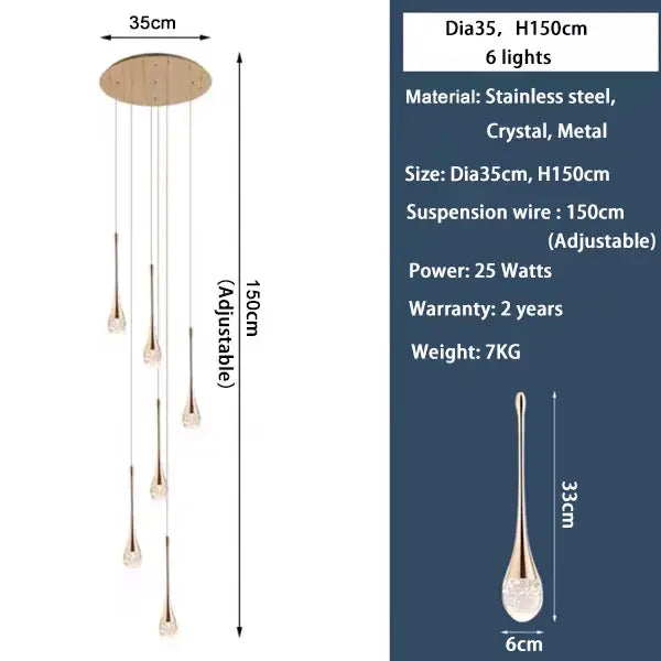 Modern gold led crystal chandelier dining room cascading pendant