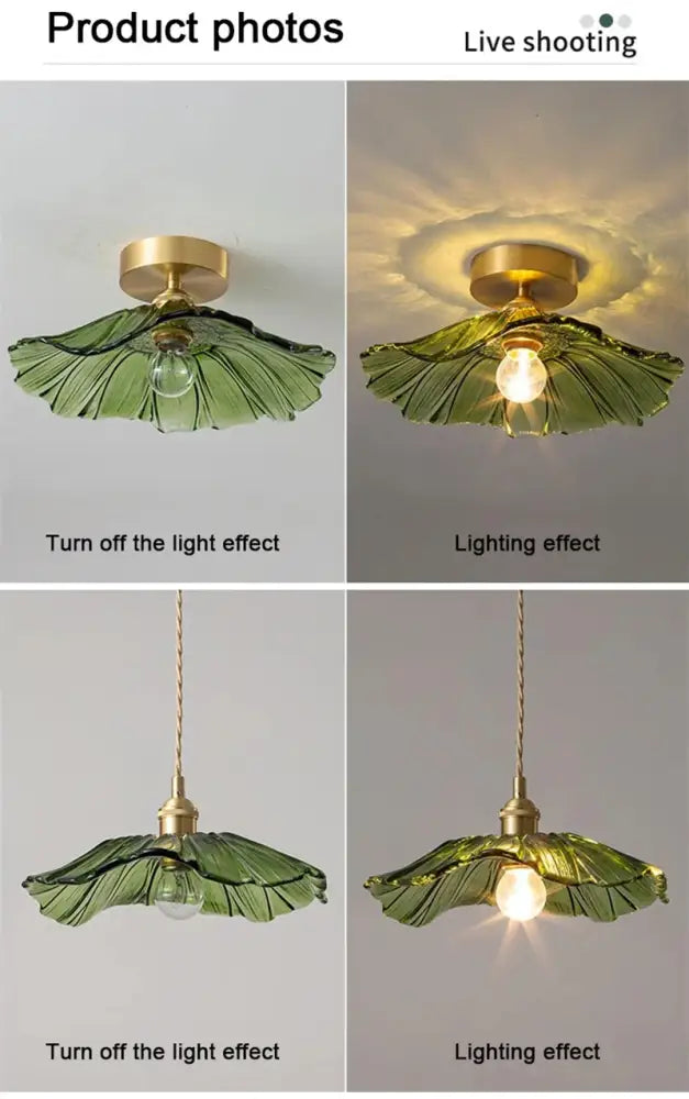 Modern green leaf glass e27 ceiling lights for bedroom interiors