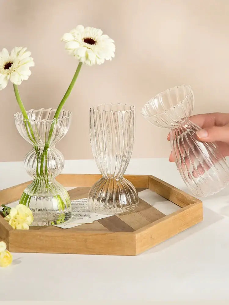 Modern nordic glass ribbed vase set living room decor