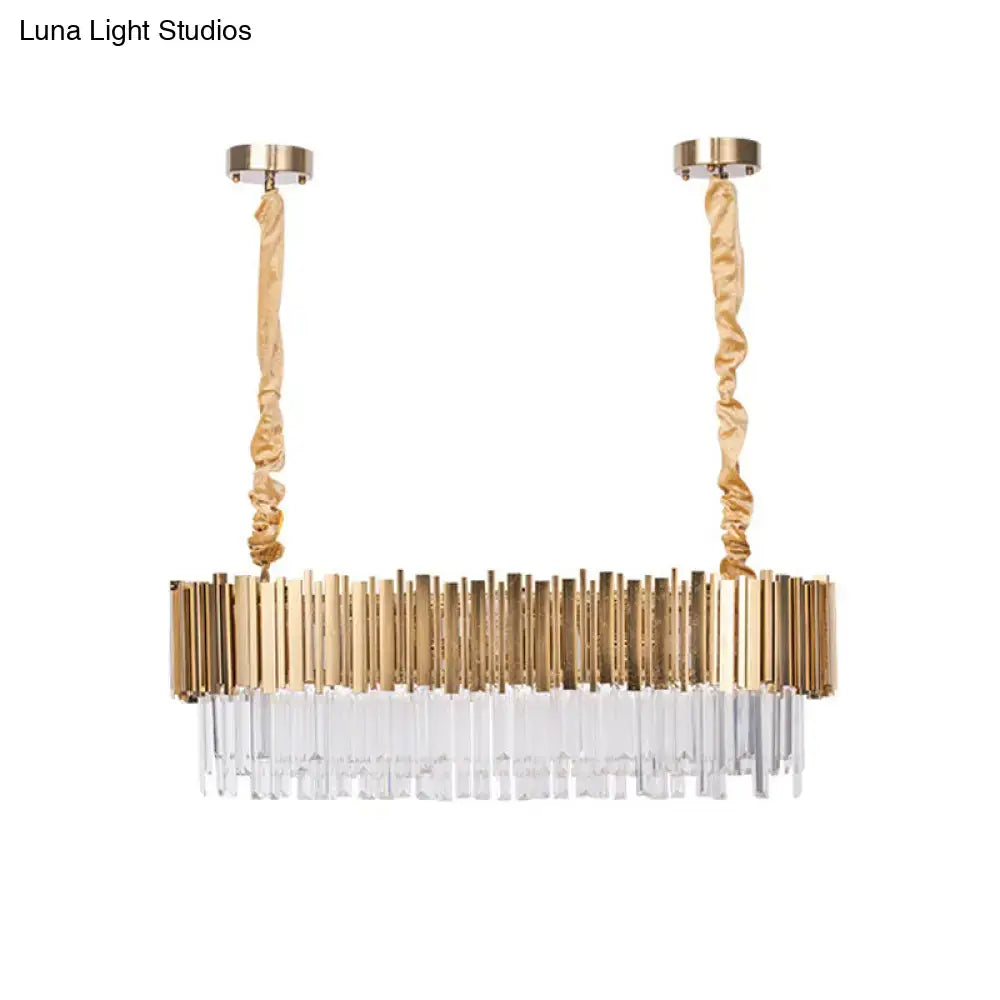 Modern gold oblong island lamp with crystal rods for dining room