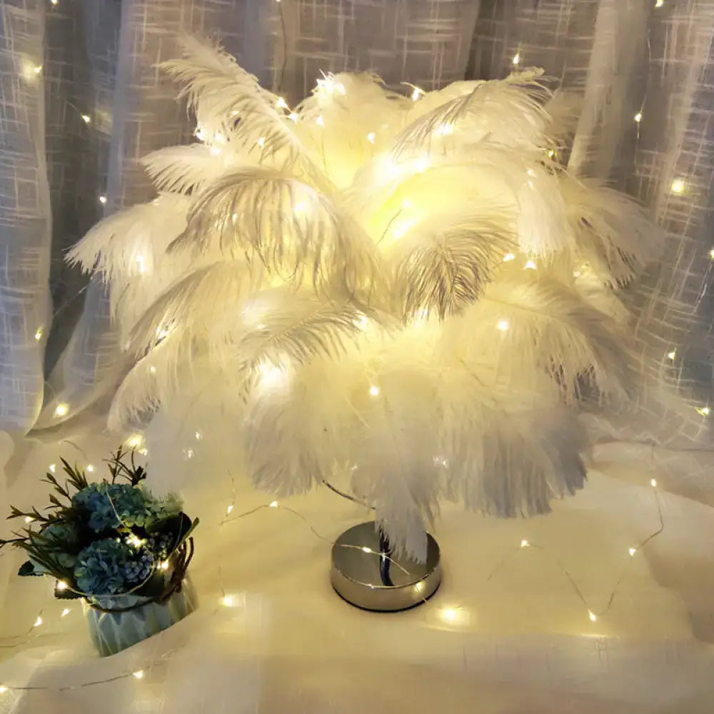 Modern romantic white feather table lamp for bedroom bedroom led lighting