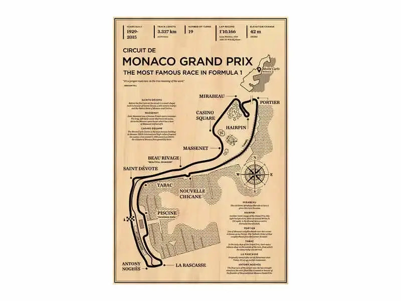 Beige wooden monaco grand prix race track map living room wall art