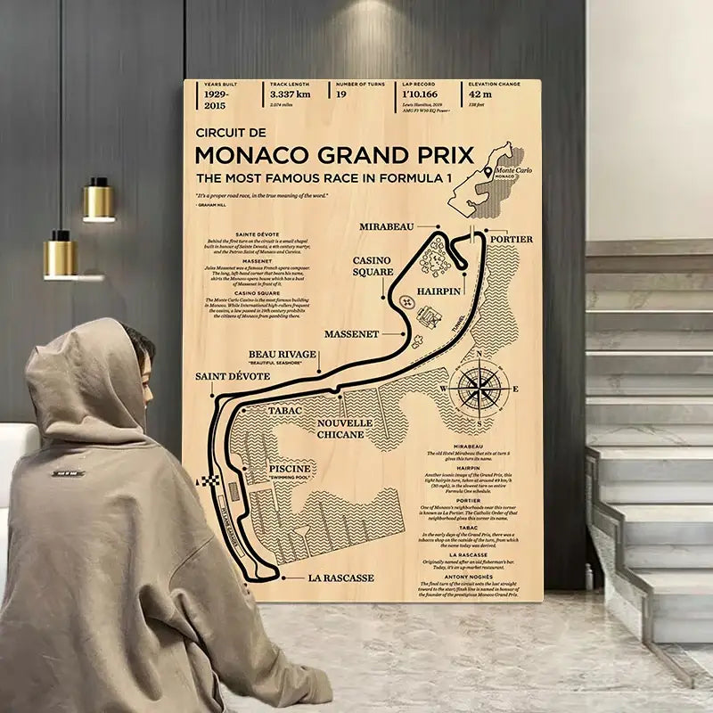 Vintage sepia monaco grand prix map poster living room wall art