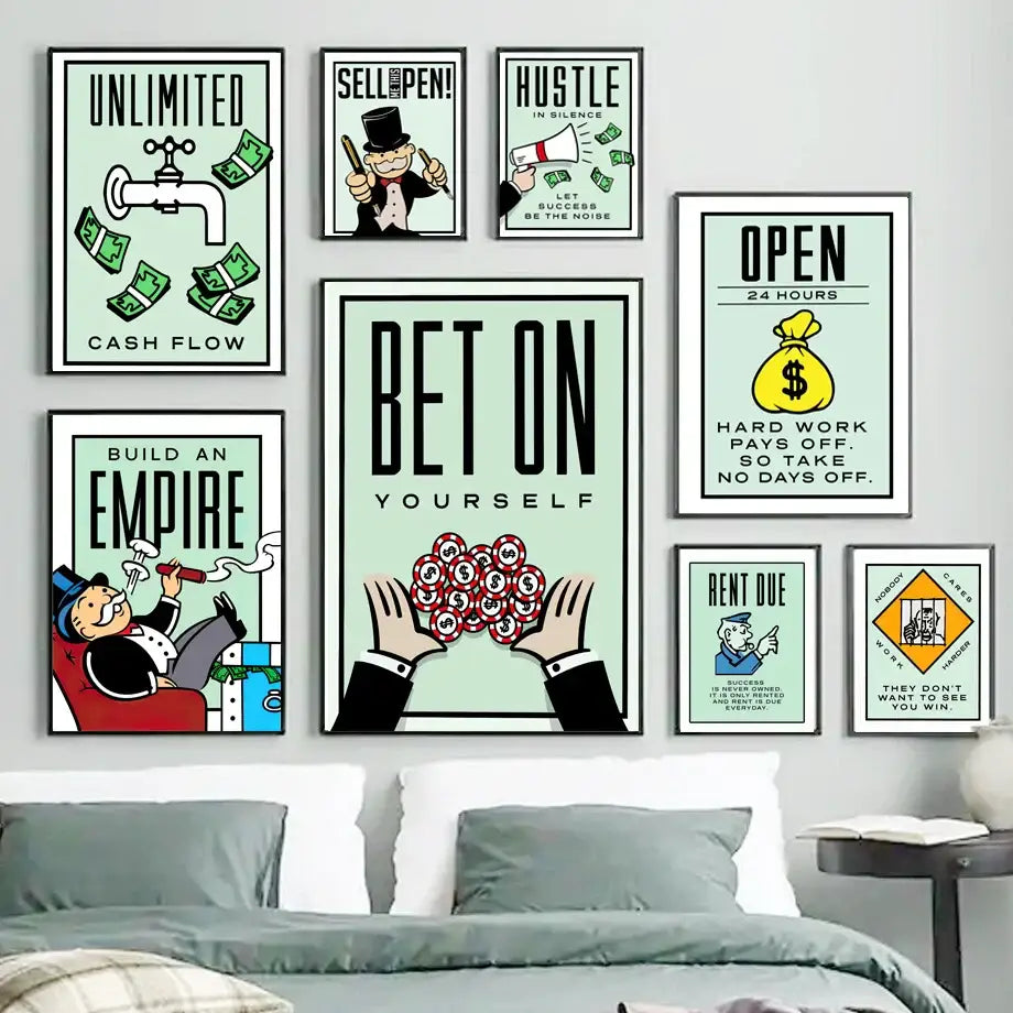 Minimalist mint green monopoly millionaire cartoon canvas home decor